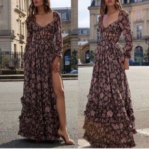 Anthropologie V. Chapman Pink and Brown Floral Long Sleeve Corset Dress size 8